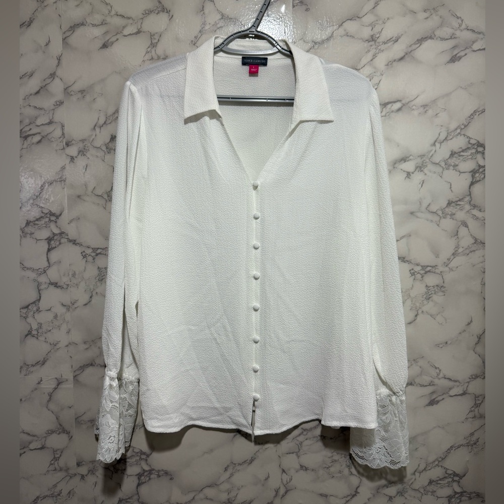 NEW Vince Camuto White Button-Down Tunic with Lace Cuffs L